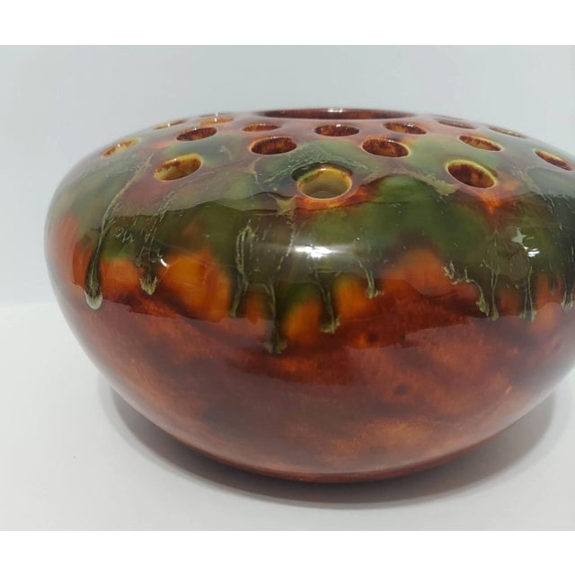 Late 20th Century Flo Westfall Ceramic Drip Glaze Vase Flower Frog Arrangement Green Brown For Sale In Greensboro - Image 6 of 8