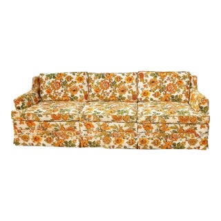 Vintage 1970s Orange / Yellow Floral Textured Skirted Sofa Couch For Sale