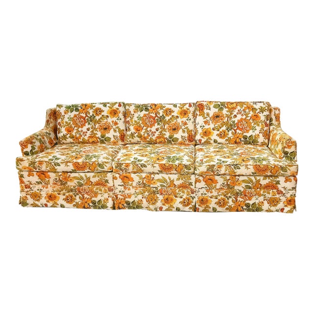 Vintage 1970s Orange / Yellow Floral Textured Skirted Sofa Couch For Sale