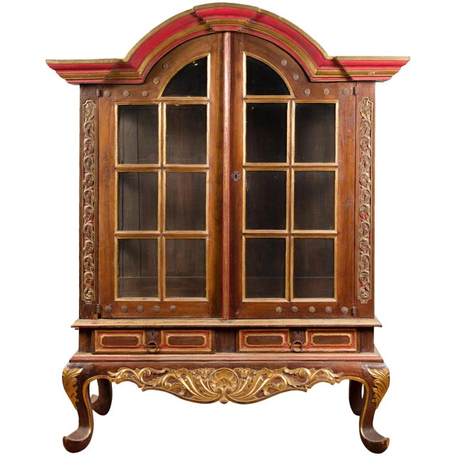 Dutch Colonial Early 20th Century Bonnet Top Gilded Cabinet with Glass Doors For Sale - Image 13 of 13