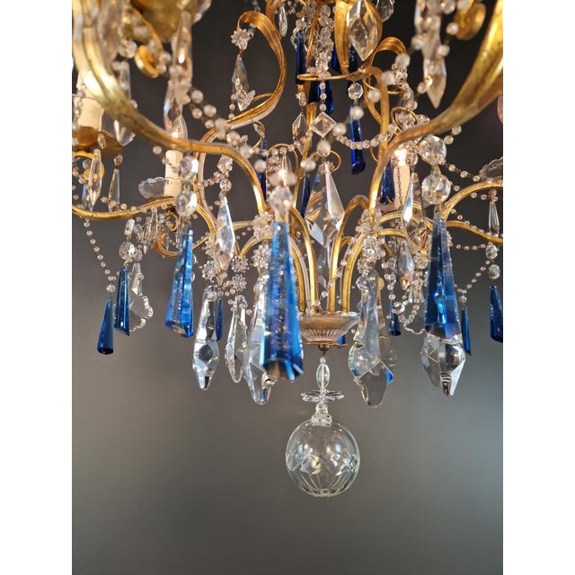 Brass Vintage Venetian Rococo Style Crystal Chandelier Cobalt Blue and Clear Crystals For Sale - Image 8 of 12