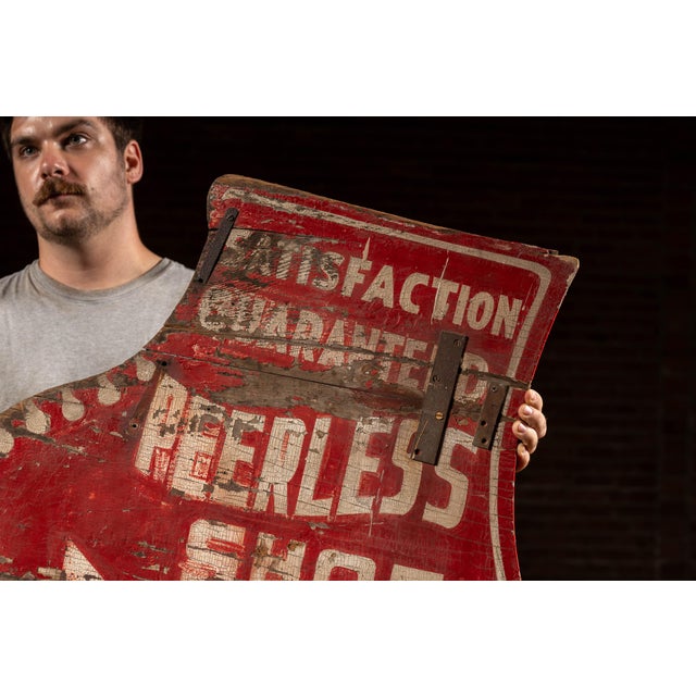 Red Antique "Peerless Shoe Repair" Double-Sided Painted Wooden Sign For Sale - Image 8 of 10