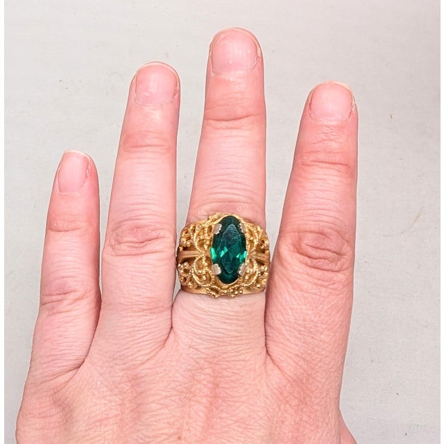 Green Vintage 1960s Signed Napier Goldtone Oval Faux-Emerald Adjustable Ring For Sale - Image 8 of 12