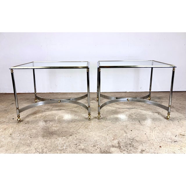 Brass Vintage Mid 20th Century Hollywood Regency Brass, Chrome & Glass Italian Side Tables—a Pair For Sale - Image 8 of 12