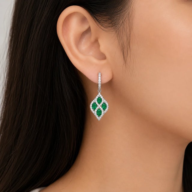 Late 20th Century 14K White Gold Diamond Emerald Drop Dangle Earrings, Pair For Sale - Image 4 of 4