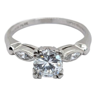 0.8ct Natural Round & Marquise Diamond Engagement Ring in Platinum - Size 6 For Sale