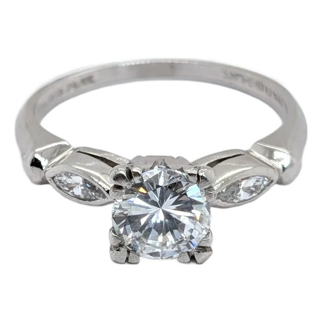 0.8ct Natural Round & Marquise Diamond Engagement Ring in Platinum - Size 6 For Sale