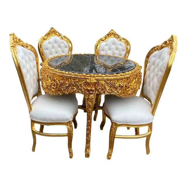 Luxurious Italian Baroque Rococo Dining Set With White Leather and Gold Leaf – 5-Piece Collection For Sale