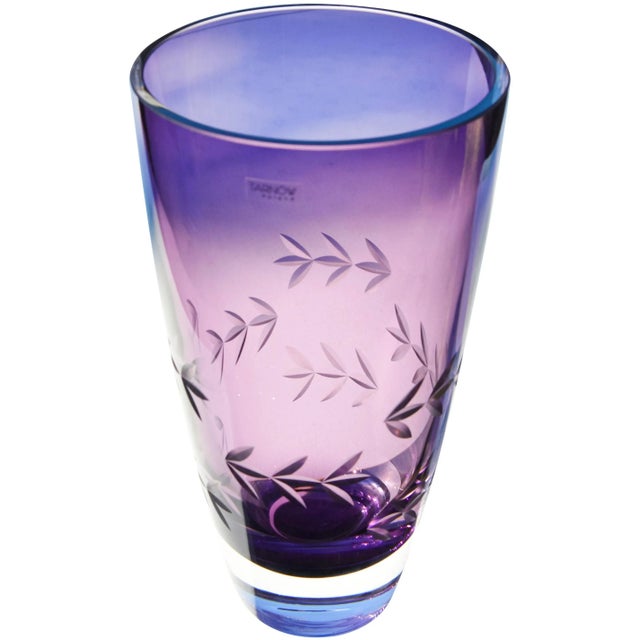 Gorgeous, rare and heavy, midcentury Polish crystal vase hand-blown in clear and purple amethyst. Featuring a remarkable...