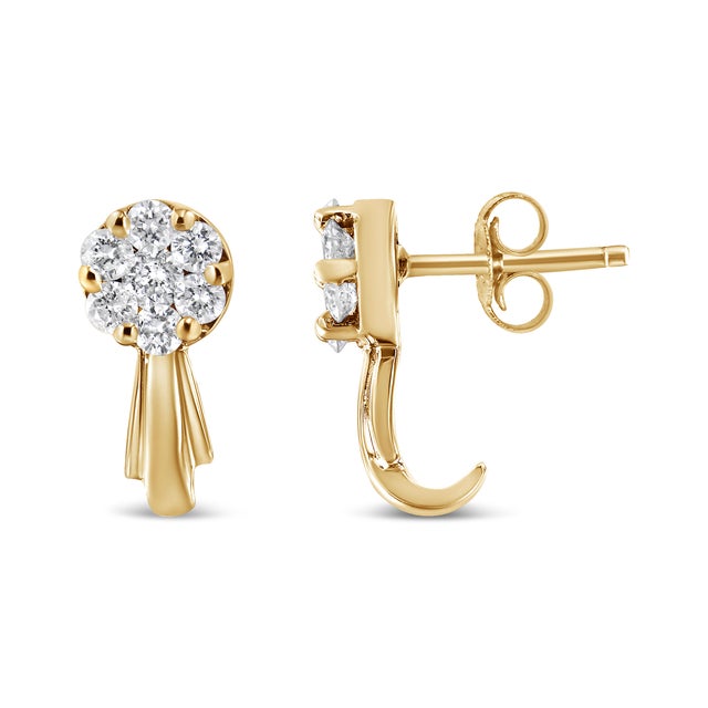 Contemporary 14K Yellow Gold 3/4 Cttw Diamond Floral Cluster Drop and Dangle Stud Earrings (H-I Color, I1-I2 Clarity) For Sale - Image 3 of 6