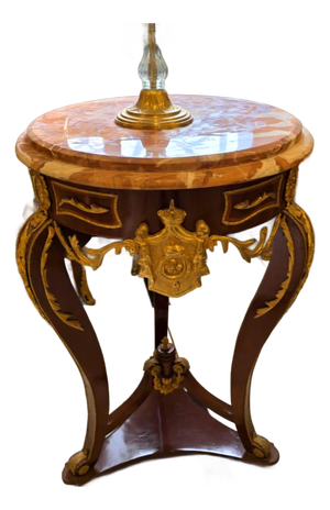 French Empire Marble Top Side Table With Gold Leaf Accents & Bronze Crest Detail