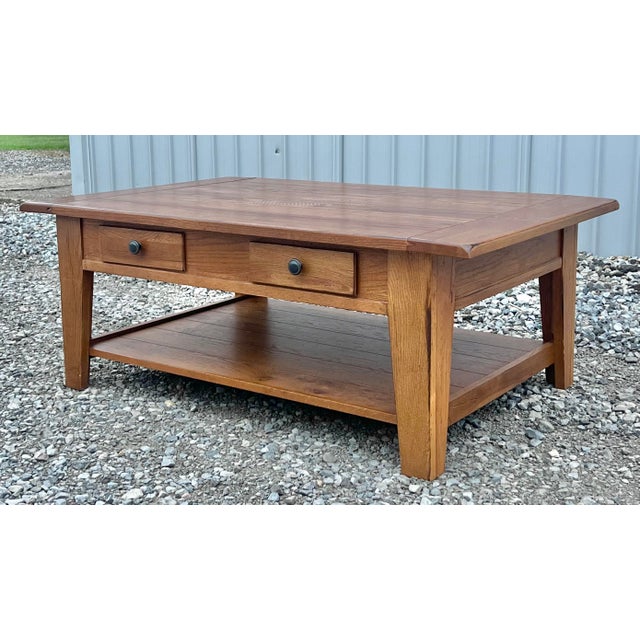 Farmhouse Broyhill Attic Heirlooms Farmhouse Oak Coffee Table For Sale - Image 3 of 10
