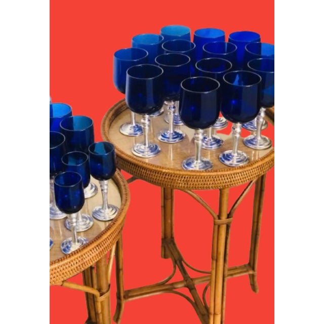 Rustic European Los Castillo Style Hand-Blown Cobalt Blue Glassware With Pewter Stems Set- 37 Pieces For Sale - Image 3 of 10