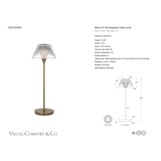 Waterford by Visual Comfort Signature Blaze 16" Rechargeable Table Lamp in Natural Brass with Clear Crystal Designer:...