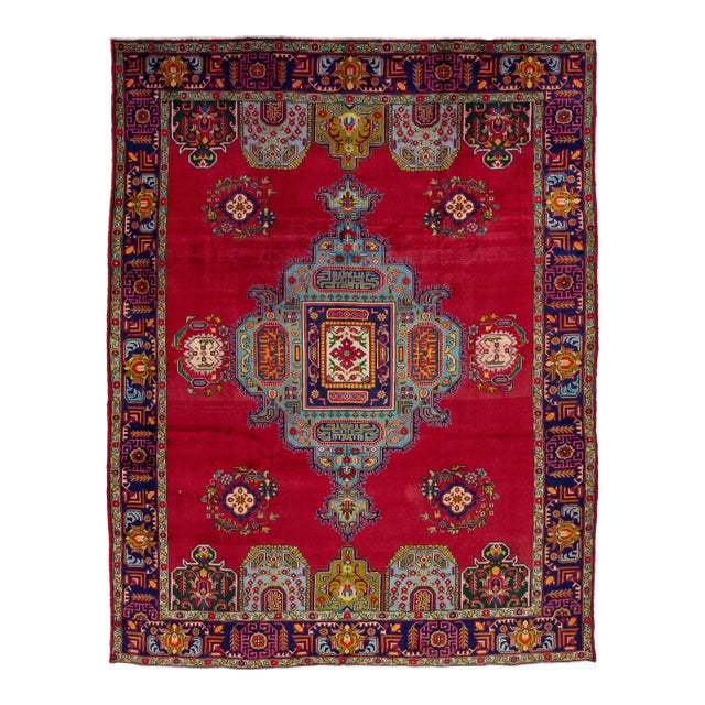 Red Vintage Persian Tabriz Hand-Knotted Wool Rug With Medallion Motif For Sale