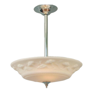 1930s Floral-Decorated Art Deco Lighting Bowl With Chromed, Sleek Fittings