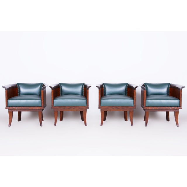 Art Deco Oak Armchairs with Leather Upholstery, 1920s, Set of 4 For Sale - Image 9 of 9