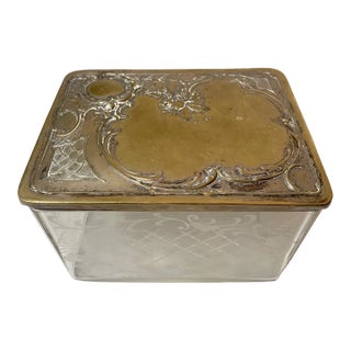 Antique 1800s Ornate Silverplate Brass Cut Etched Crystal WMF Casket Biscuit Box For Sale