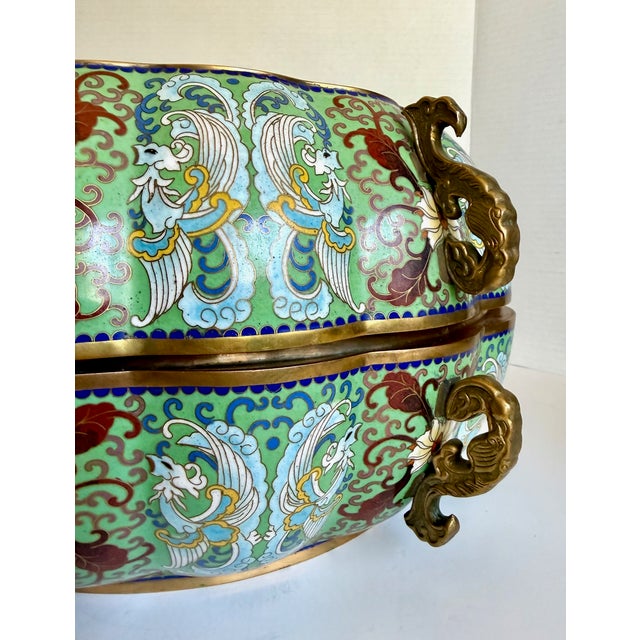 Vintage Chinese Cloisonné Pumpkin Form Lidded Vessel With Phoenix & Peony Decoration For Sale - Image 12 of 15