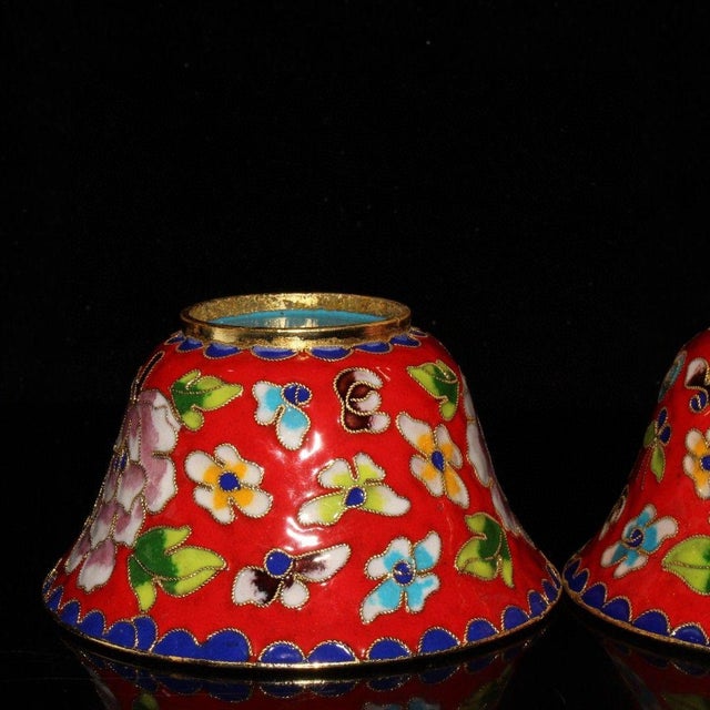 Metal Pair of Vintage Chinese Cloisonné Enamel Bowls With Peony Motif For Sale - Image 7 of 9