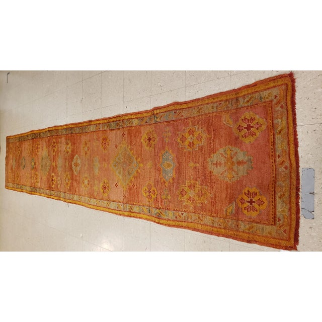 Antique Oushak Runner, Turkish Oriental Rug, Handmade Peach, Yellow, Light Blue For Sale - Image 4 of 10
