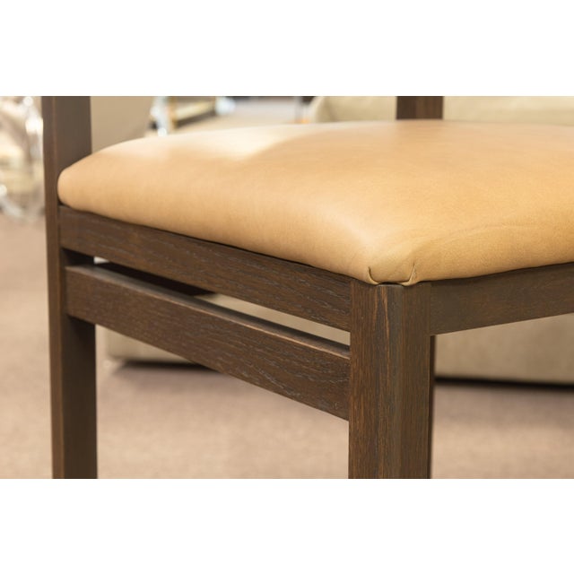 Set of 4 Thayer Barstools by Maiden Home Dark Oak Wood Leather & Shearling Seats For Sale - Image 9 of 11