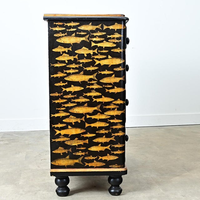 English 19th Century Pine Painted Chest with Fish Decoupage For Sale - Image 10 of 11