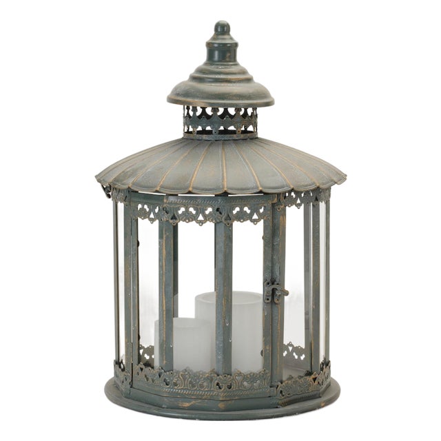 Ornate Round Brushed Metal Lantern 20"H For Sale