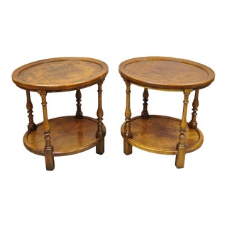 Mid 20th Century Vintage Hekman Italian Provincial Oak & Burlwood Two Tier Oval End Tables, Pair For Sale