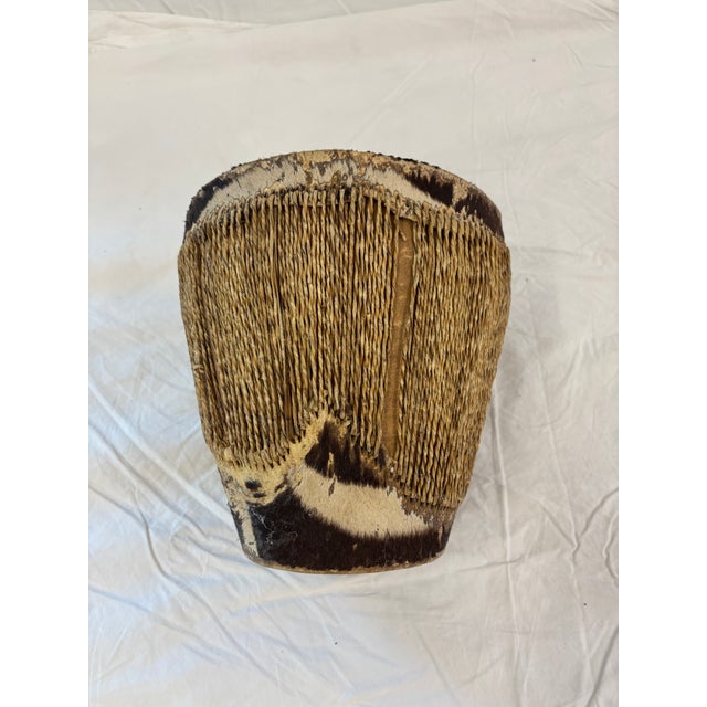 African Vintage African Tribal Animal Hide Drum With Woven Fiber Body For Sale - Image 3 of 8