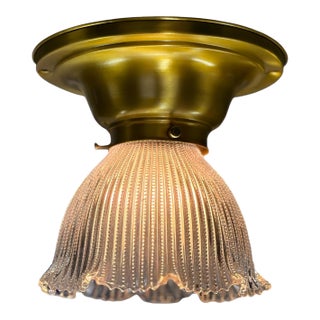 Small Holophane Shade on Satin Brass Semi Flush Light Fixture For Sale
