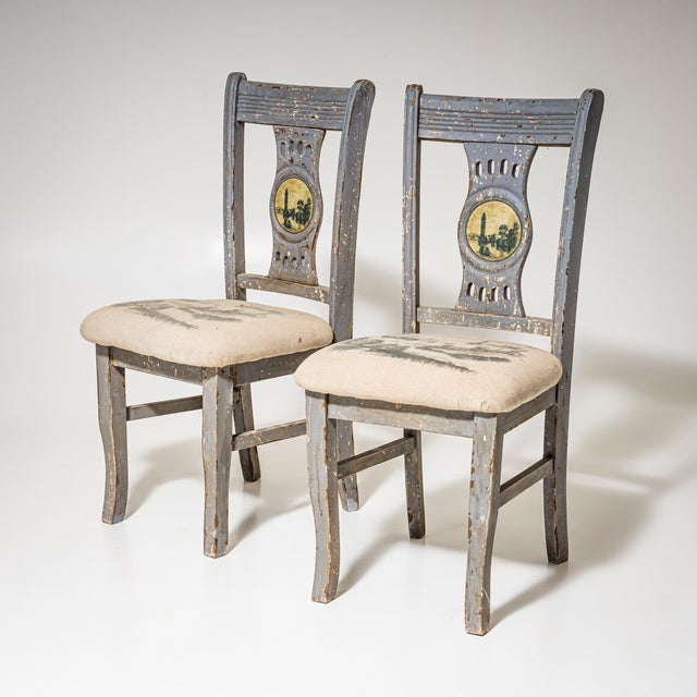 Vintage Gray Side Chairs with City Views, 1890s, Set of 4 For Sale - Image 4 of 9