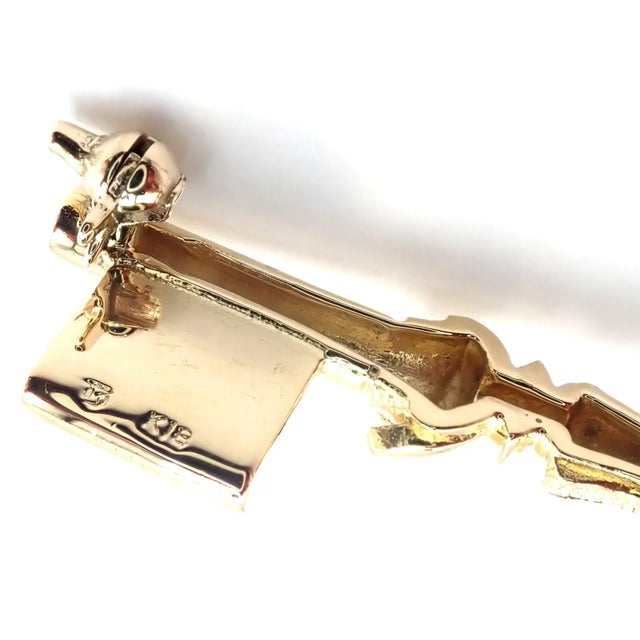 Metal Vintage Mikimoto 18k Yellow Gold Key Blue Enamel Brooch Pin For Sale - Image 7 of 9