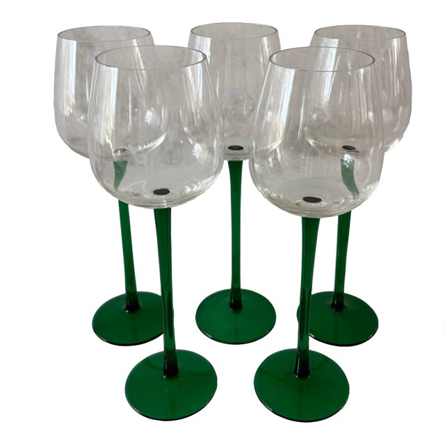 Set of 5 Vintage Tall Green Wine Glasses For Sale