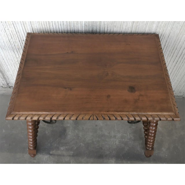 Brown 19th Century Spanish Farm Table with Iron Stretchers, Hand Carved Top and Drawer For Sale - Image 8 of 18