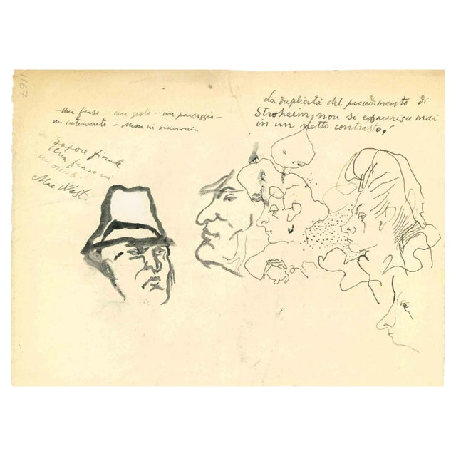 Mino Maccari, Portraits, Ink & Watercolor, Mid-20th Century For Sale