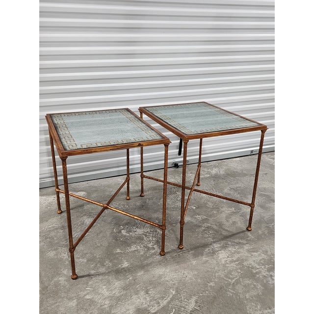 ABC Carpet & Home Eglomise Silver & Gold Leaf Greek Key Motif Hollywood Regency Style Gilded Wrought Iron Side Tables - A Pair For Sale - Image 4 of 15