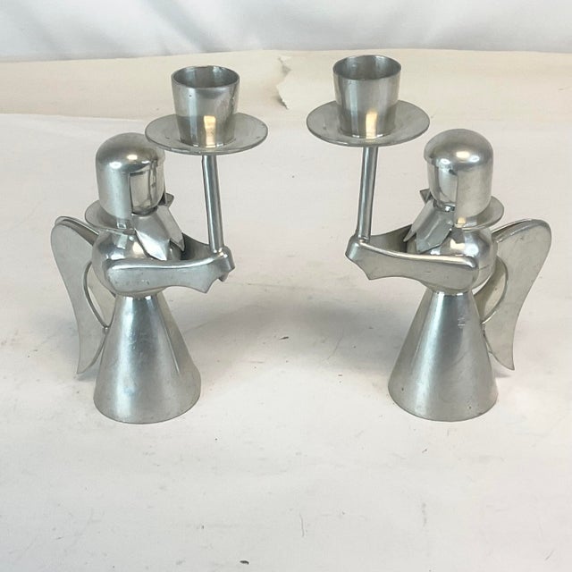 Figurative 1980s Vintage Boho Chic Arts & Crafts Pewter Christmas Angel Candle Holders - A Pair. For Sale - Image 3 of 10