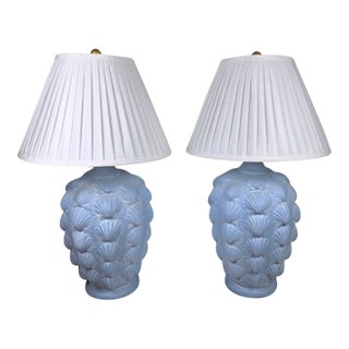 Vintage Hollywood Regency Blue Scallop Shell Lamps |- Coastal Neoclassical - a Pair For Sale