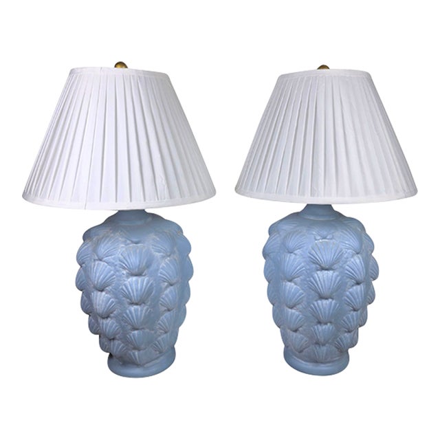 Vintage Hollywood Regency Blue Scallop Shell Lamps |- Coastal Neoclassical - a Pair For Sale