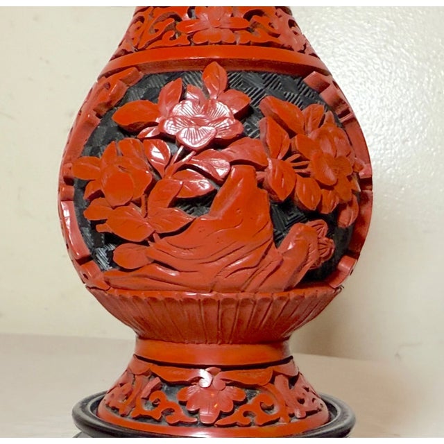 Set of 2, Vintage Handmade Chinese Carved Black Red Lacquer Cinnabar Floral Vase Urn Egg For Sale In New York - Image 6 of 13