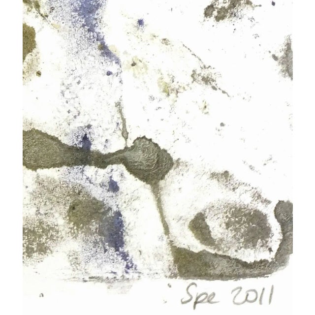 Modern abstract painting in blue and gold by artist Spe, 2011. Signed and dated lower right. Original artwork on paper...