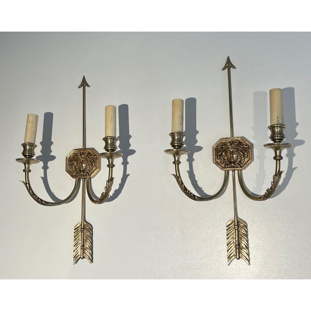 1950s bronze wall sconces with Arrows and Effigy of the Sun King by Louis Gau - a Pair For Sale - Image 12 of 12