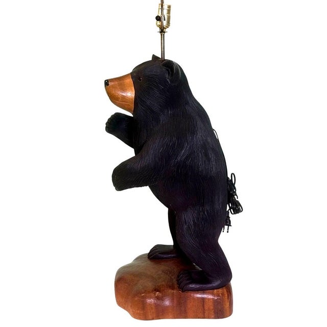 Late 20th Century Rare Rustic Carved Wooden Standing Bear Lamp With Intricate Details For Sale - Image 4 of 15