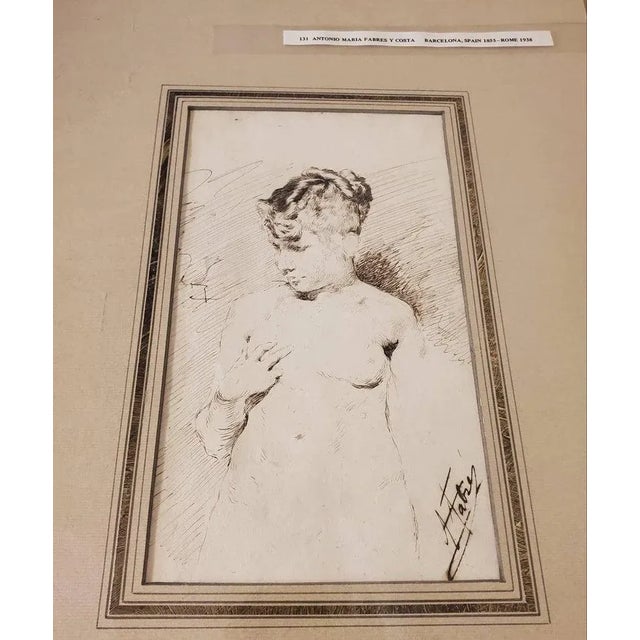 A 19th Century Italian School, drawing on paper by Antonio Maria Fabres y Costa (1854–1938), Nude Signed Approx 14"H,...