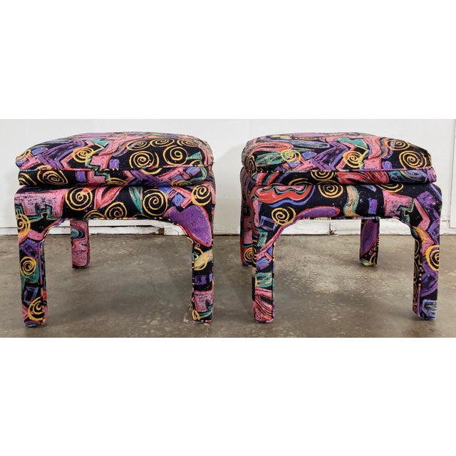 Textile Vintage Abstract Upholstered Parsons Stools, a Pair For Sale - Image 7 of 11