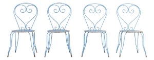 Blue Paint French Pierced Seat & Heart Garden Dining Chairs, Set of 4 Mid 20th C.