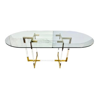 Mid Century Glass Dining Table With Brass and Lucite Base For Sale