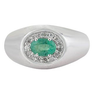 Emerald & Diamond Halo Statement Cocktail Ring in Sterling Silver, Size 8 For Sale