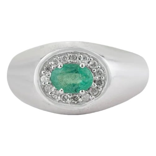 Emerald & Diamond Halo Statement Cocktail Ring in Sterling Silver, Size 8 For Sale